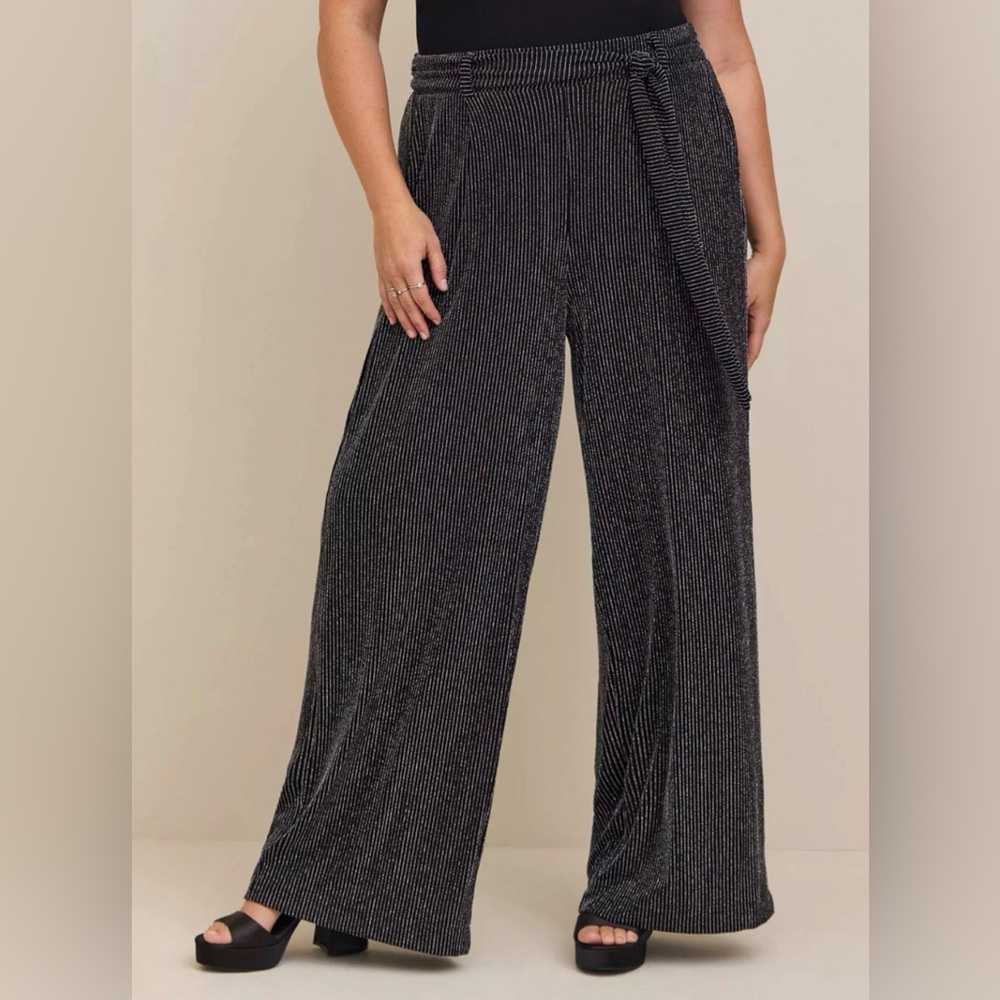 Torrid belted black with metallic gold and silver stripes pants size 3